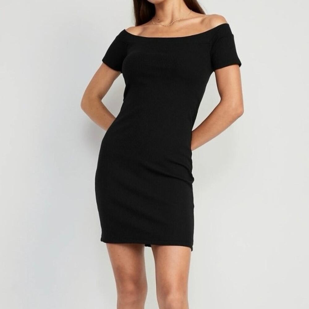 Old Navy Women’s Medium Dress Off Shoulder Bodycon Fitted Rib Knit Short Sleeve